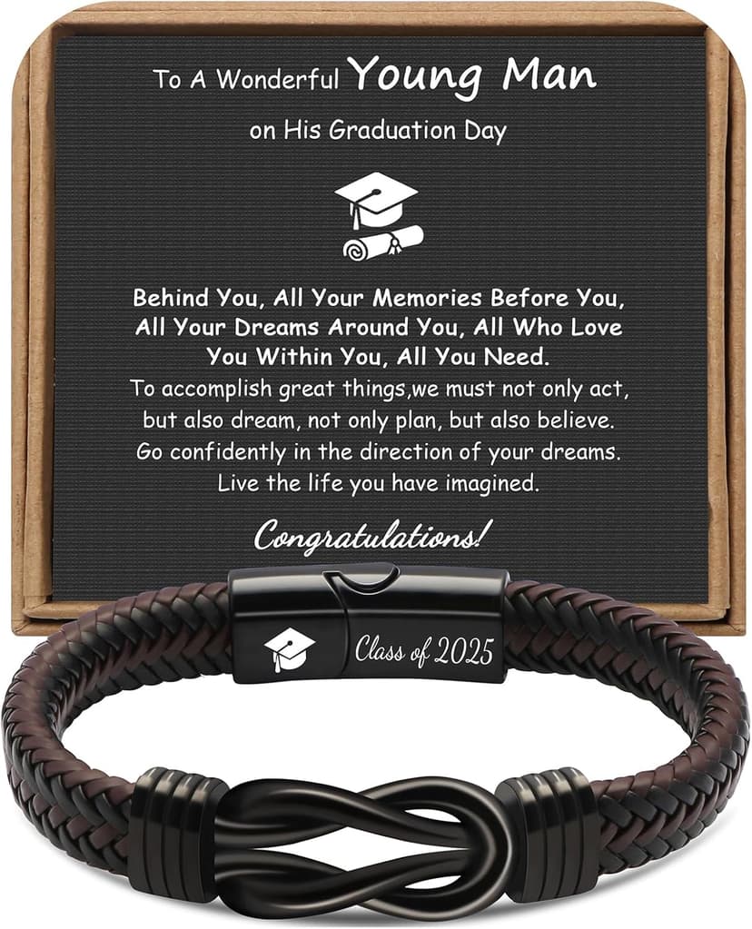 𝗚𝗿𝗮𝗱𝘂𝗮𝘁𝗶𝗼𝗻 𝗚𝗶𝗳𝘁𝘀 𝗳𝗼𝗿 𝗛𝗶𝗺 𝟮𝟬𝟮𝟱 High School, College Graduation Gifts for Men Class of 2025 Leather Stainless Steel Knot Bracelet for Son Boyfriend Brother Grandson Friends
