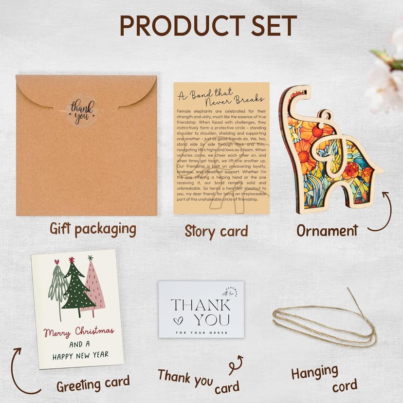 Friendship Elephant Ornament with Story Card, Best Friends Ornament for Women, Christmas Gifts Ideas for Women Friends, Sisterhood, Floral Suncatcher Elephant Friendship