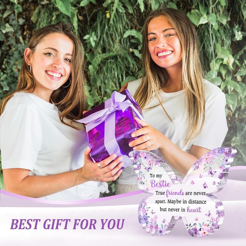 Bestie Best Friend Friendship Gifts for Women, Unique Purple Butterfly Acrylic Plaque Desk Decor, Bestie Best Friend Birthday Gifts for Women Friendship for Bff Bestfriend, 5 x 3.8 x 0.5 inches