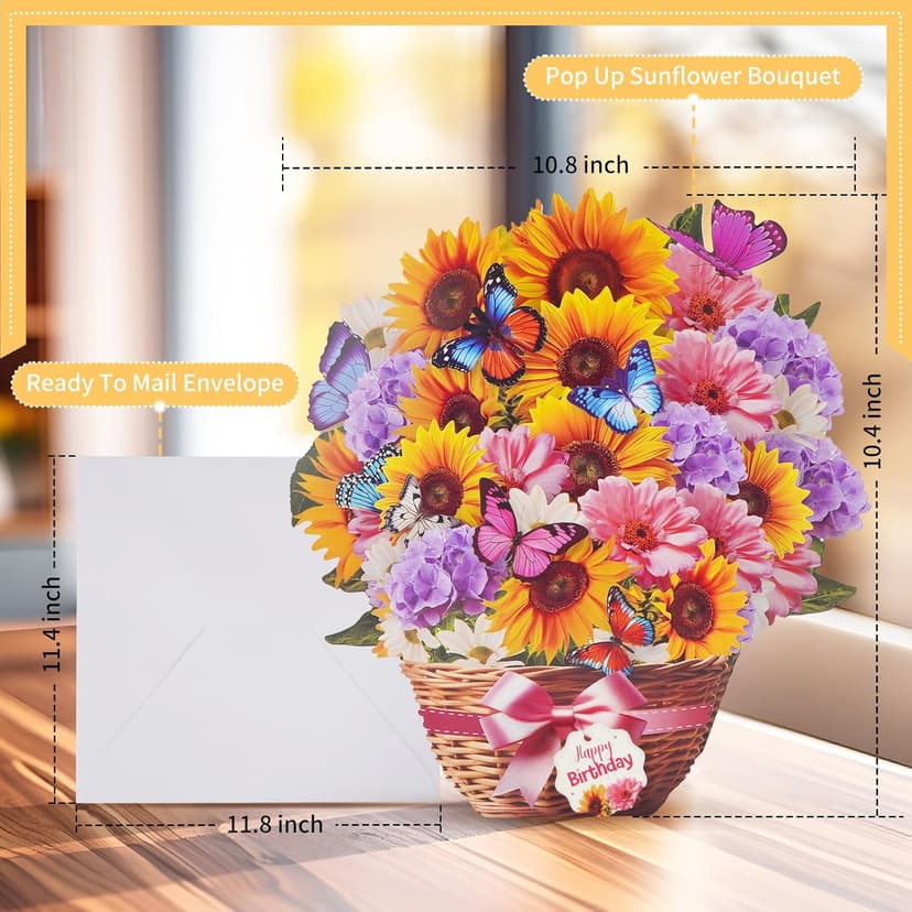 Birthday Cards with MUSIC & LIGHTS, Pop Up Happy Birthday Card, Sunflower & Butterfly, 10 Inch Life Sized Forever Flower Bouquet Gifts for Women Mom Grandma