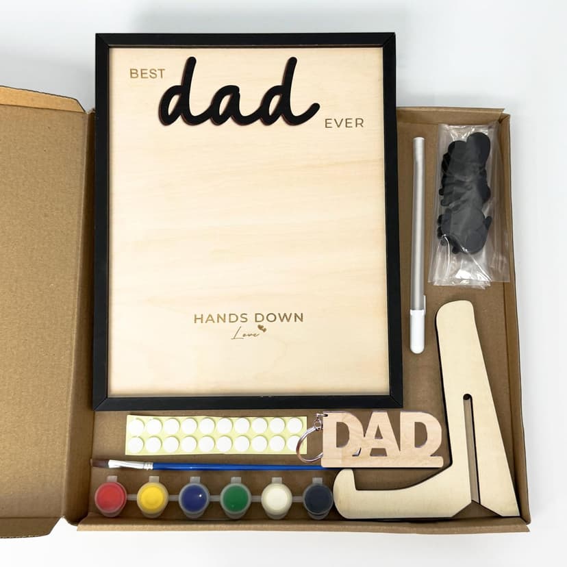 10" Hands Down Best Dad Ever DIY Handprint Kit with Acrylic Paint, Art Craft Family Keepsake Wood Frame Dad Keychain Birthday Father's Day Gift for Daddy, Papa Family Sign with Kids Names HF90-D