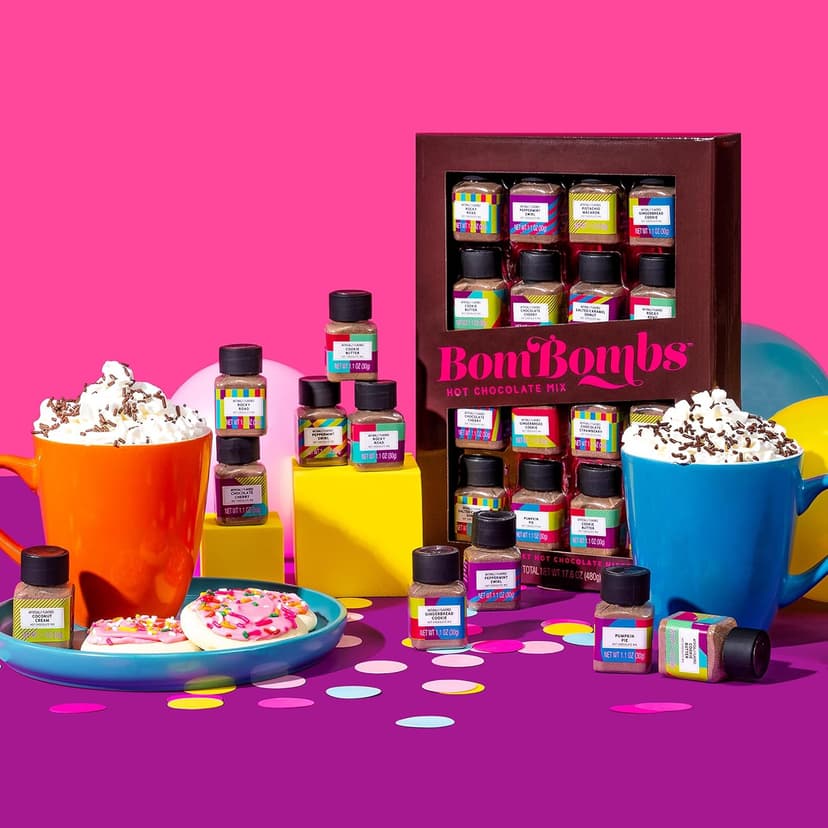 BomBombs, Hot Chocolate Mix Gift Set in Mini Bottles, Flavors Include Rocky Road, Pumpkin Pie, Chocolate Cherry, Peppermint Swirl, Salted Caramel Donut & More, Sampler Set of 16