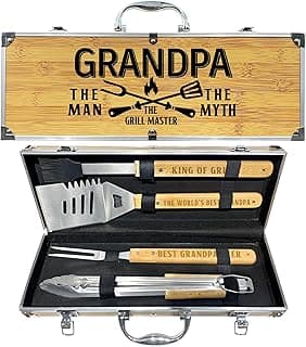 Grandpa Gifts from Grandkids, Fathers Day Grandpa Gift Heavy Duty Wooden BBQ Grilling Accessories Kit for Backyard, Thick Stainless Steel Grill Utensils with Non-Slip Handle Tools in Portable Bag