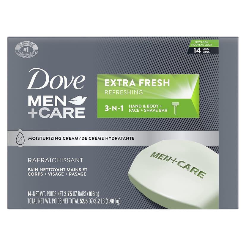 DOVE MEN + CARE Dove Men+Care Bar 3 in 1 Cleanser for Body, Face, and Shaving Extra Fresh 14 Bars to Clean and Hydrate Skin Body and Facial Cleanser Mandarin Citrus, Patchouli, and Rosemary scent 3.75 oz