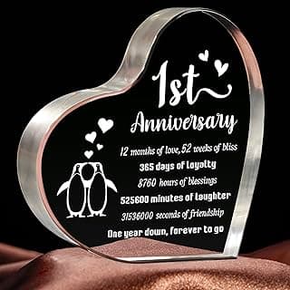 1 Year Anniversary Wedding Gifts for Boyfriend Girlfriend, One Year 1st Anniversary Romantic Gifts for Him Her, Heart Shaped Acrylic Block for Couple Husband Wife, Penguin Keepsake