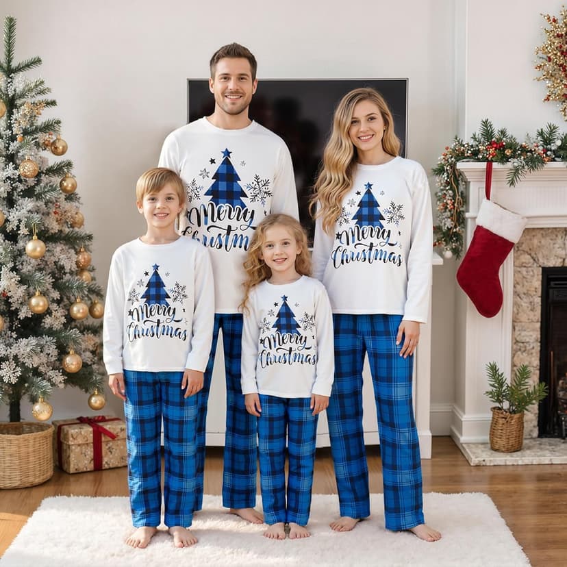 Awoscut Christmas Family Matching Pajamas Sets Christmas PJ's Letter Print Top and Plaid Pants Jammies Sleepwear