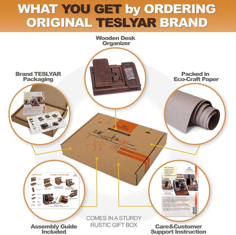 TESLYAR Wood Phone Docking Station for Men - Desk or Nightstand Organizer - Birthday Gifts for Husband, Dad - Anniversary Idea from Wife - Key Holder, Stand Wallet, Watch & Essentials (Bourbon Brown)