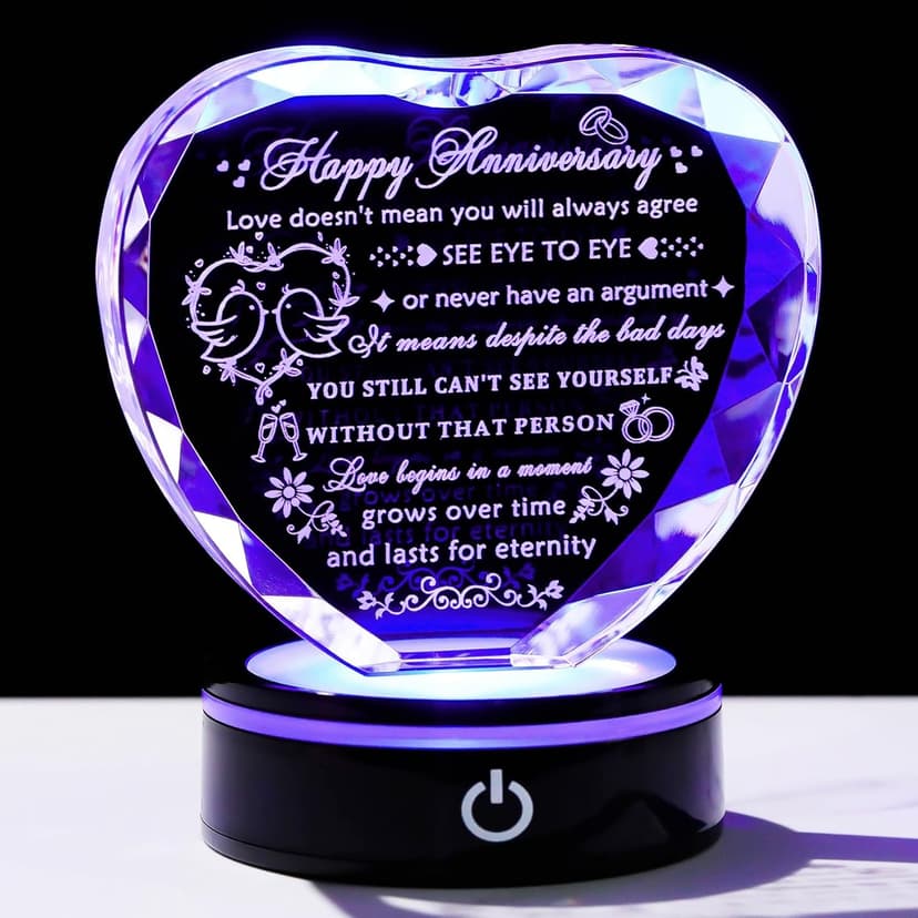 YWHL Wedding Anniversary Crystal Heart Gifts for Couple Parents, Happy Anniversary Marriage Gifts for Wife Husband Him Her Men Women with LED Base Romantic Presents for Girlfriend Boyfriend