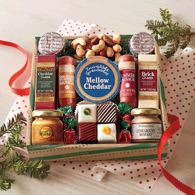 The Swiss Colony Holiday High Notes Gift Basket Assorted Summer Sausage Meats and Cheeses, Chocolate Treats, Snacks for Adults, Women, Men, Charcuterie Boards, Thank You Gifts