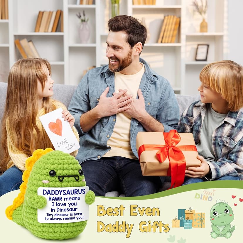 OCCdesign Mini Christmas Birthday Gifts for Dad from Daughter Son RAWR I Love You Daddy Handmade Crochet Cute Small Dinosaur for Daddy Dad Bonus Step Father in Law New Father
