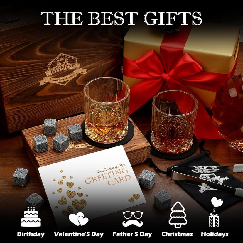 Whiskey Stones Gift Set - Whiskey Glass Set of 2 - Granite Chilling Whiskey Rocks - Scotch Bourbon Box Set -Father's Day Birthday Gifts for Men Drinking Gift for Dad Him Husband Party Holiday Present