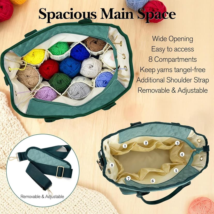 Crochet Bag Yarn Storage, Large Knitting Tote with Padded Crochet Hook Organizer, Tote with Multiple Compartments for Crochet Lovers, Knitting Accessories, Mother's Day Gift