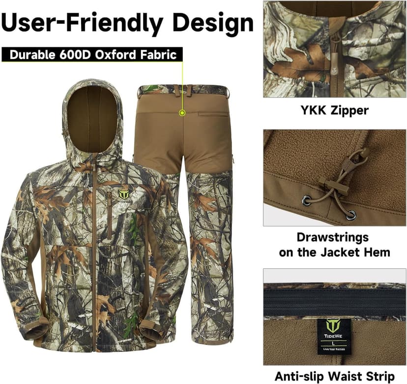 TIDEWE Hunting Clothes for Men with Fleece Lining, Safety Strap Compatible Water Resistant Silent Hunting Jacket and Pants