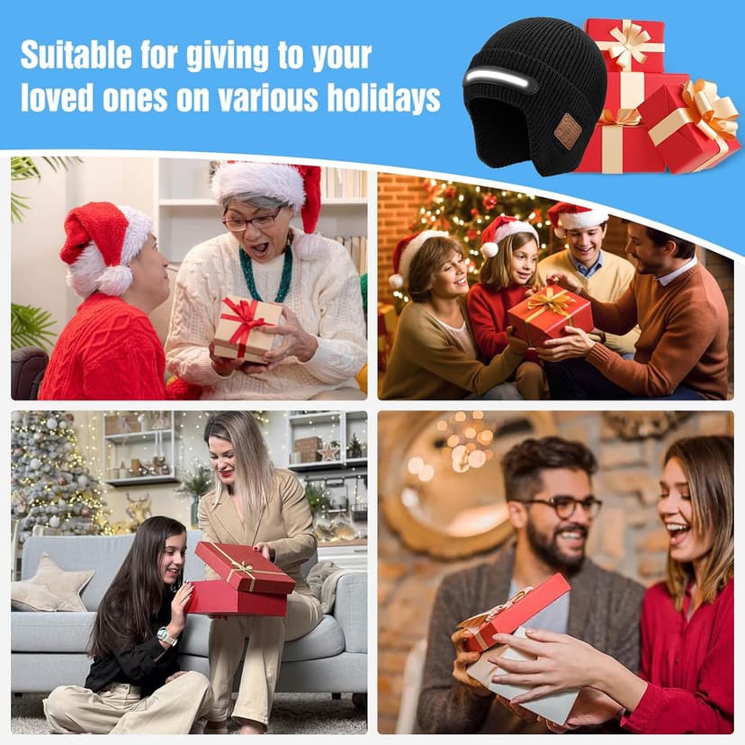 Bluetooth Beanie with Light, Headlamp Hat with Headphones and Built-in Speaker Mic, Unique Christmas Gifts for Men Husband