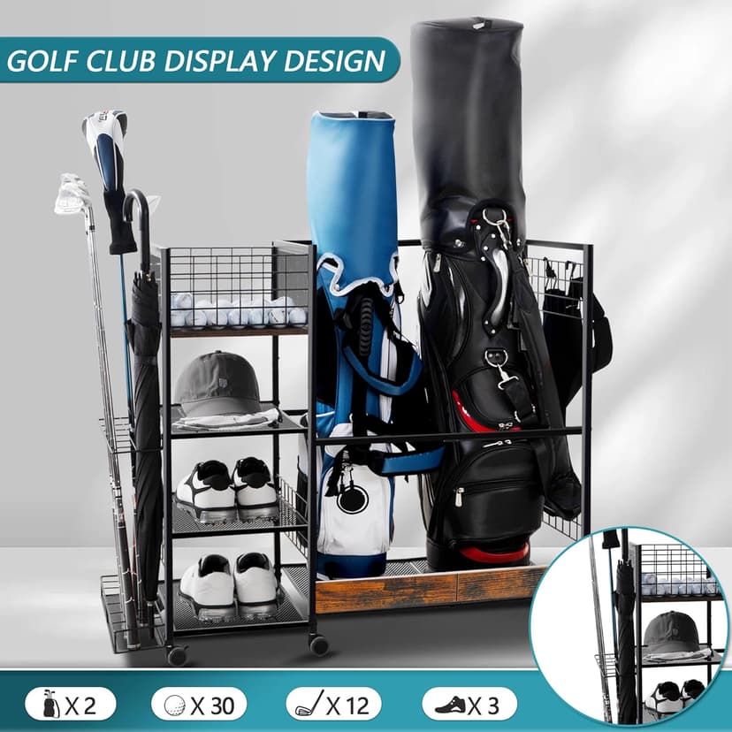Golf Bag Organizer for Garage, Golf Accessories for Men Women, Golf Bag Stand, Golf Storage Organizer with 2 Hooks, Storage Rack for 2 Golf Bags, Sports Equipment Organize, Golf Club Holder