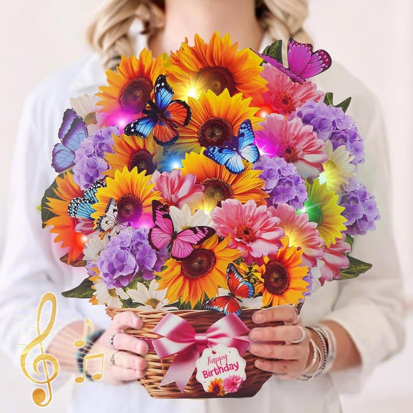 Birthday Cards with MUSIC & LIGHTS, Pop Up Happy Birthday Card, Sunflower & Butterfly, 10 Inch Life Sized Forever Flower Bouquet Gifts for Women Mom Grandma