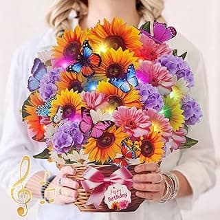 Birthday Cards with MUSIC & LIGHTS, Pop Up Happy Birthday Card, Sunflower & Butterfly, 10 Inch Life Sized Forever Flower Bouquet Gifts for Women Mom Grandma