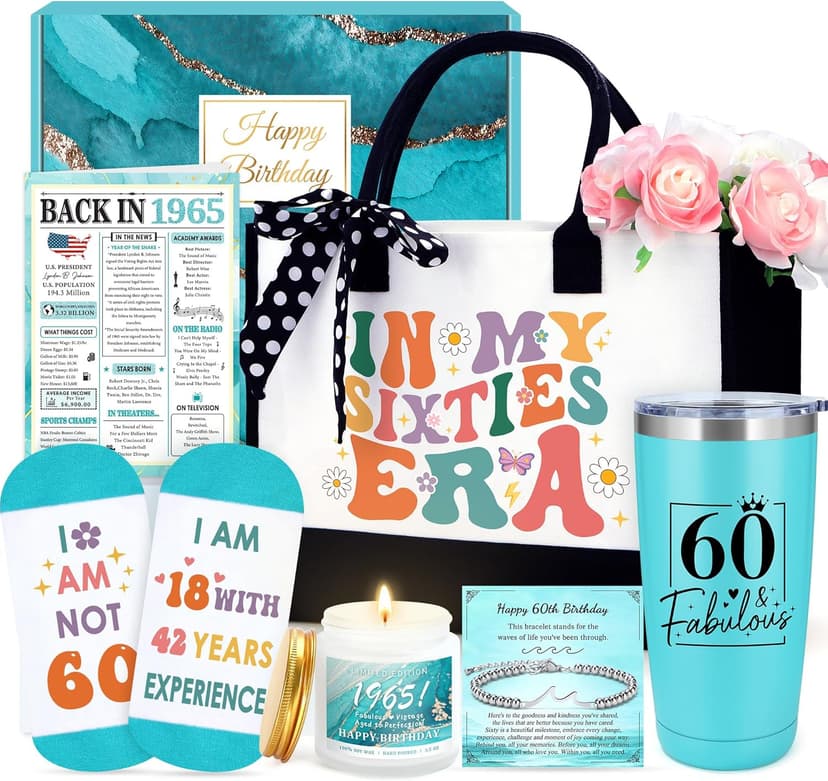 60th Birthday Gifts for Women 60 Year Old Birthday Gifts for Women Cool 1965 Gift for 60 Year Old Woman Fabulous Gift Ideas for Woman in Their 60s Happy 60th Bday Decorations with Tumbler Tote Bag