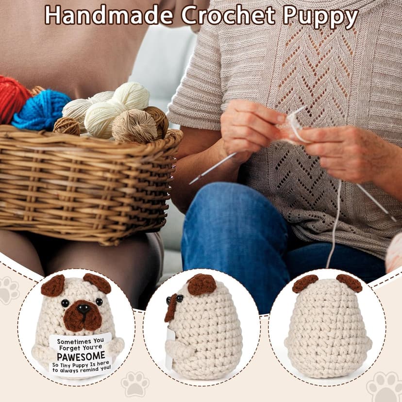 Positive Crochet Animals Puppy for Mom Women Friend Birthday, Emotional Inspirational Support Presents for Pet Lover Dog Mom Dad, Cute Handmade Tiny Pug Plush Doll