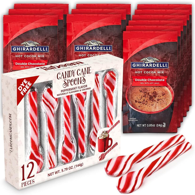Taboom Dye-Free Peppermint Candy Cane Spoon & Hot Cocoa Bundle - 12 Individually Wrapped Peppermint Spoons with 12 Double Chocolate Premium Hot Cocoa Packets - Festive Christmas Hot Chocolate Gift Set & Stocking Stuffers