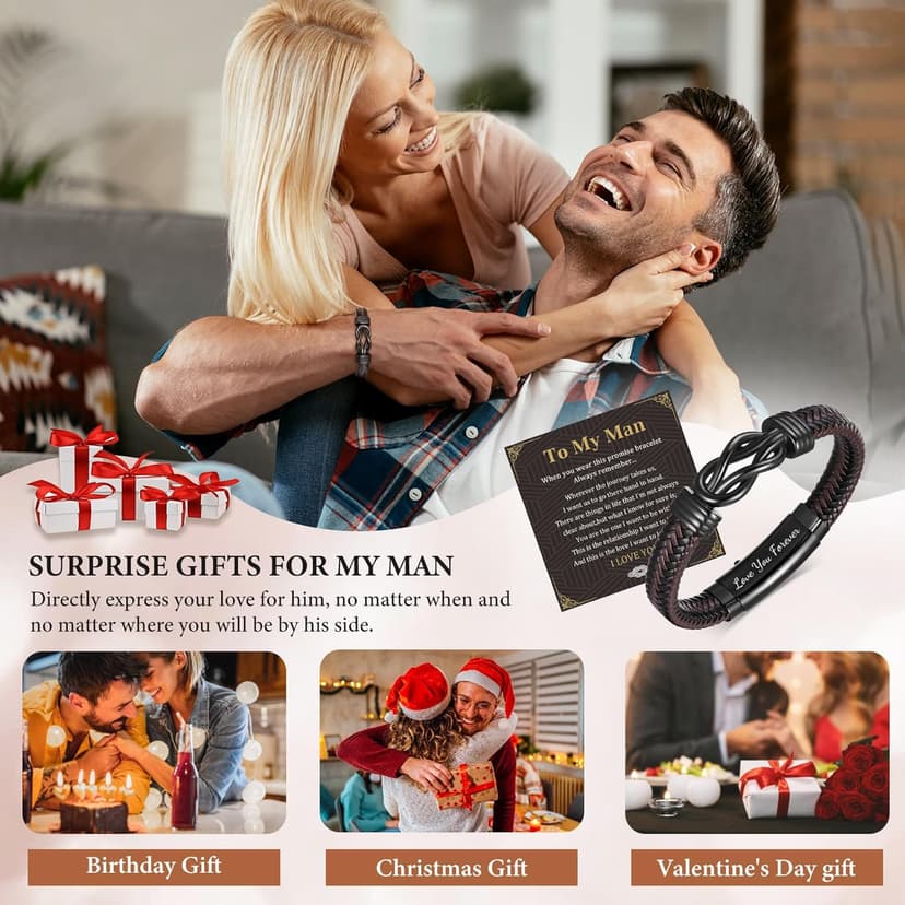 Men's Bracelets Gifts for Men - Brown Braided Leather Infinity Knot Bracelets Engraved Love Massage for Son Man Husband Boyfriend, Personalized Mens Bracelets Jewelry Gift for Birthday Christmas