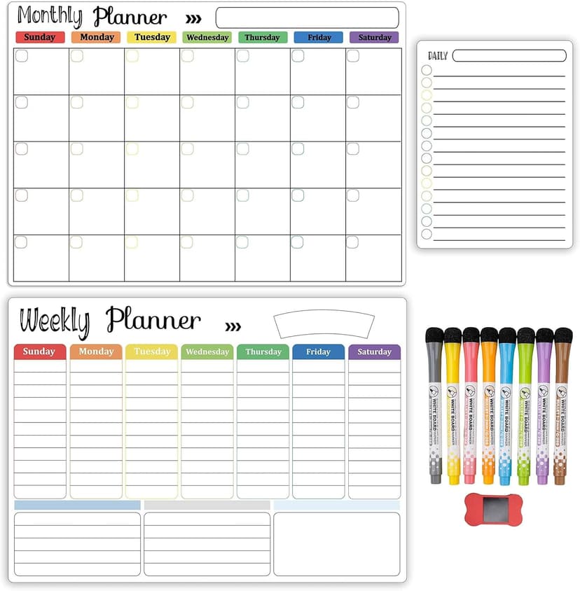 Hivillexun Magnetic Dry Erase Calendar Whiteboard Set (3-Pack) for Fridge, Wall, and Refrigerator Organization – Monthly, Weekly, and Daily Planners with 8 Markers and Eraser