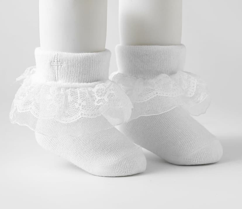 Baptism Socks for Baby Girls - White Newborn Christening Socks With Cross & Eyelet Frilly Lace