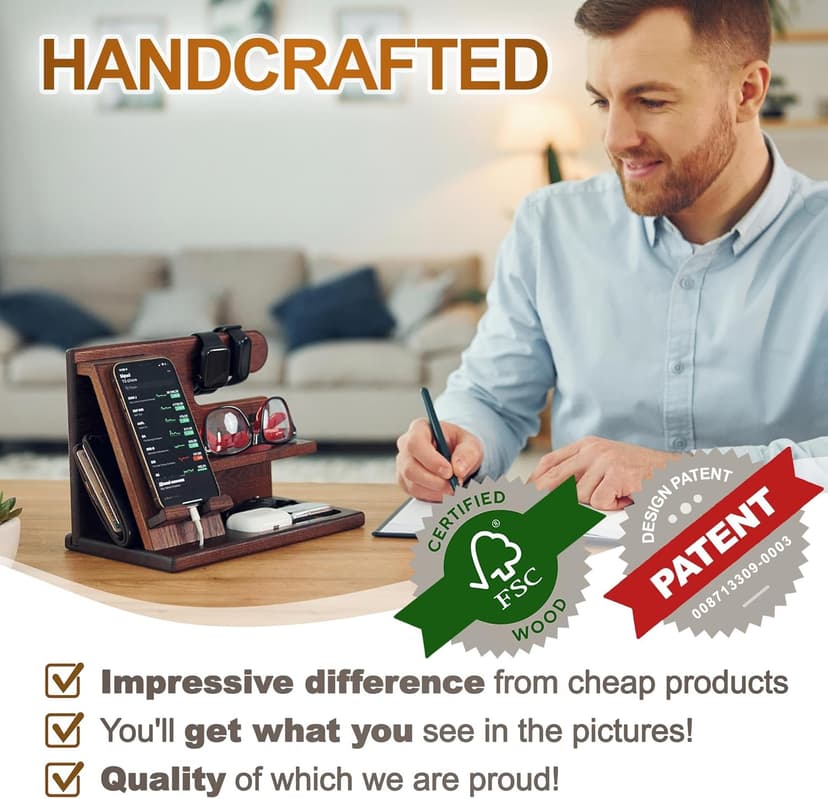 TESLYAR Wood Phone Docking Station for Men - Desktop or Nightstand Organizer - Birthday Gifts for Men, Dad - Anniversary Idea from Wife - Key Holder, Stand Wallet, Watch & Essentials (Bourbon Brown)