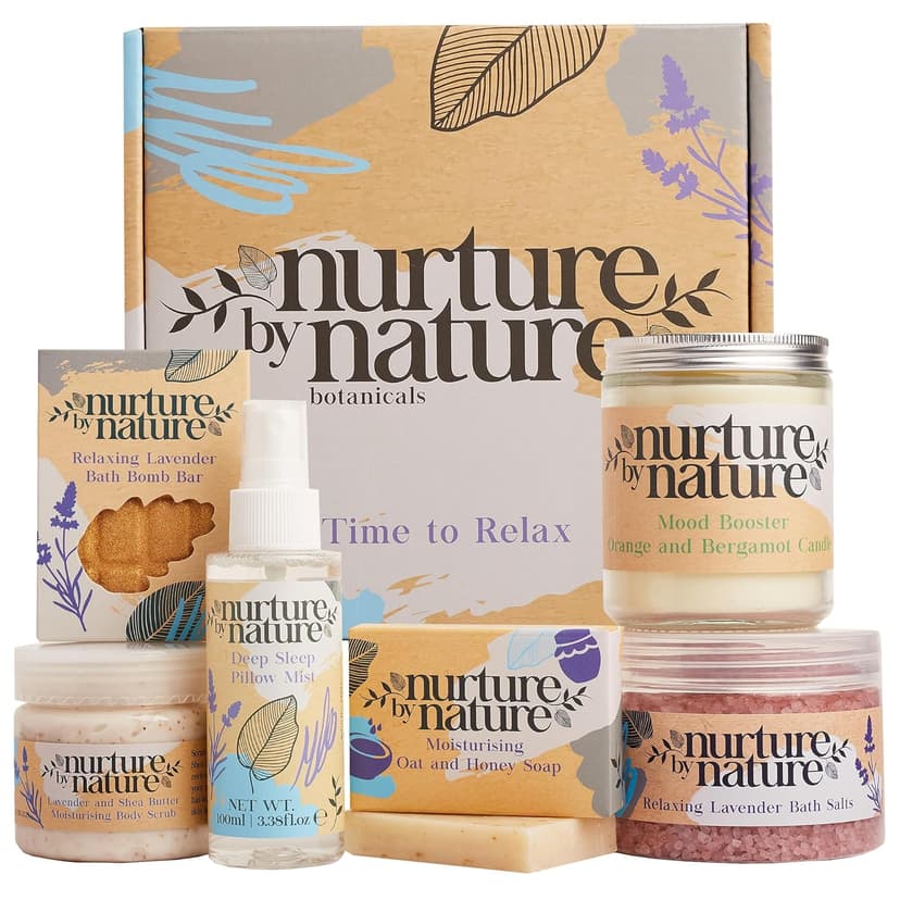 NURTURE BY NATURE Relax & Calm Christmas Gift Basket – Spa Gifts for Women with Bath Bomb, Hand Cream, Lavender Pillow Mist & Scented Candle - Vegan - Stocking Stuffers, Holiday Gifts, Gifts for Mom