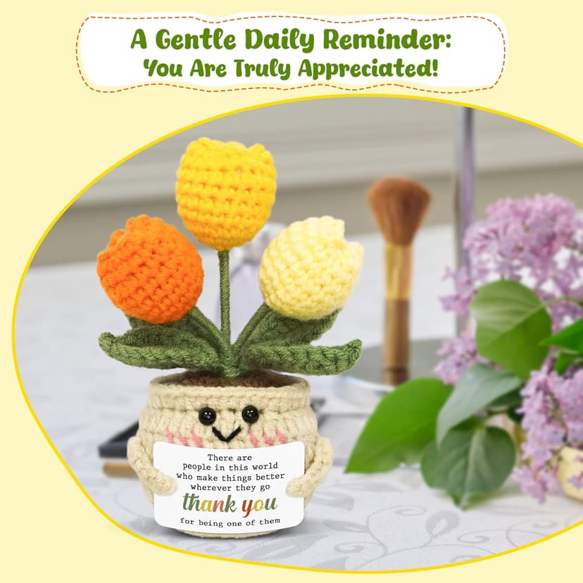 OASSIE Thank You Gifts for Women - Mini Handmade Positive Tulip Flowers Crochet with Message Card - Christmas Birthday Farewell Employee Appreciation Gifts for Coworkers, Emotional Support Crochet