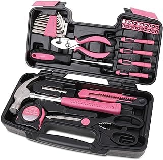 Apollo Tools Original 39 Piece General Household Tool Set in Toolbox Storage Case with Essential Hand Tools for Everyday Home Repairs, DIY and Crafts - Pink Ribbon - Pink - DT9706P