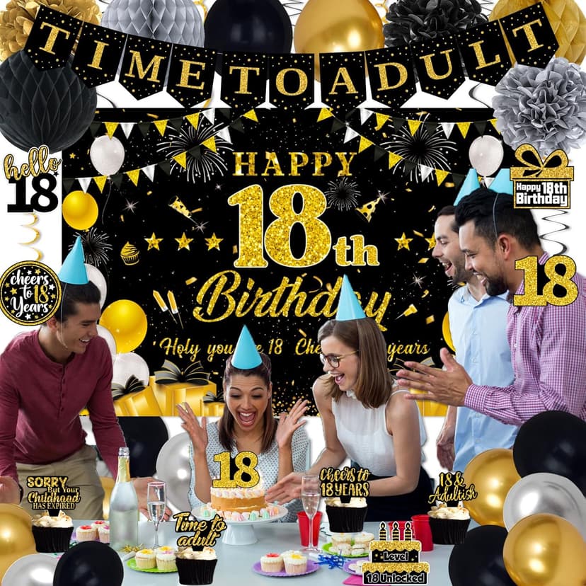 18th Birthday Decorations for Boys Girls, Black Gold Happy 18th Birthday Party Decorations, Time To Adult Birthday Banner, Backdrop, Balloons, Hanging Swirls, BIrthday Cards, Cake Topper, Pompom 52pcs