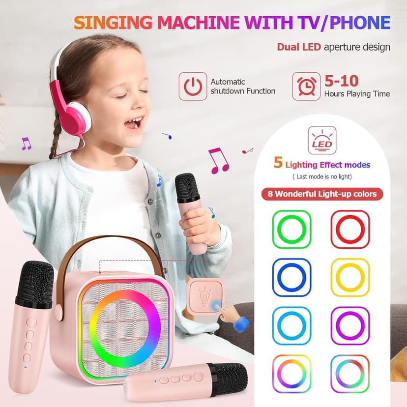 Mini Karaoke Machine with 2 Wireless Microphone, Portable Pink Bluetooth Speaker for Kids Adult, Birthday Teen Toys Gifts Ideas for Girls Ages 4 5 6 7 8 9 10 11 12+ Year Old, Family Home Party