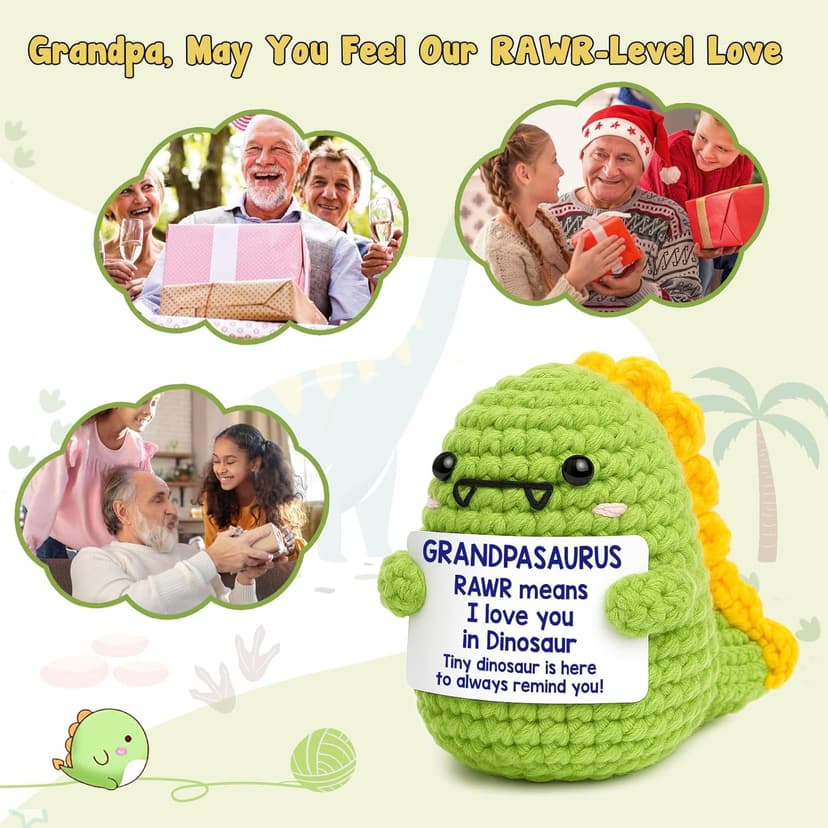 OCCdesign Mini Christmas Birthday Gifts for Grandpa from Granddaughter Grandson I Love You Grandpa Best Ever Papa Gifts Handmade Crochet Cute Small Dinosaur for Grandfather Grandparents Day