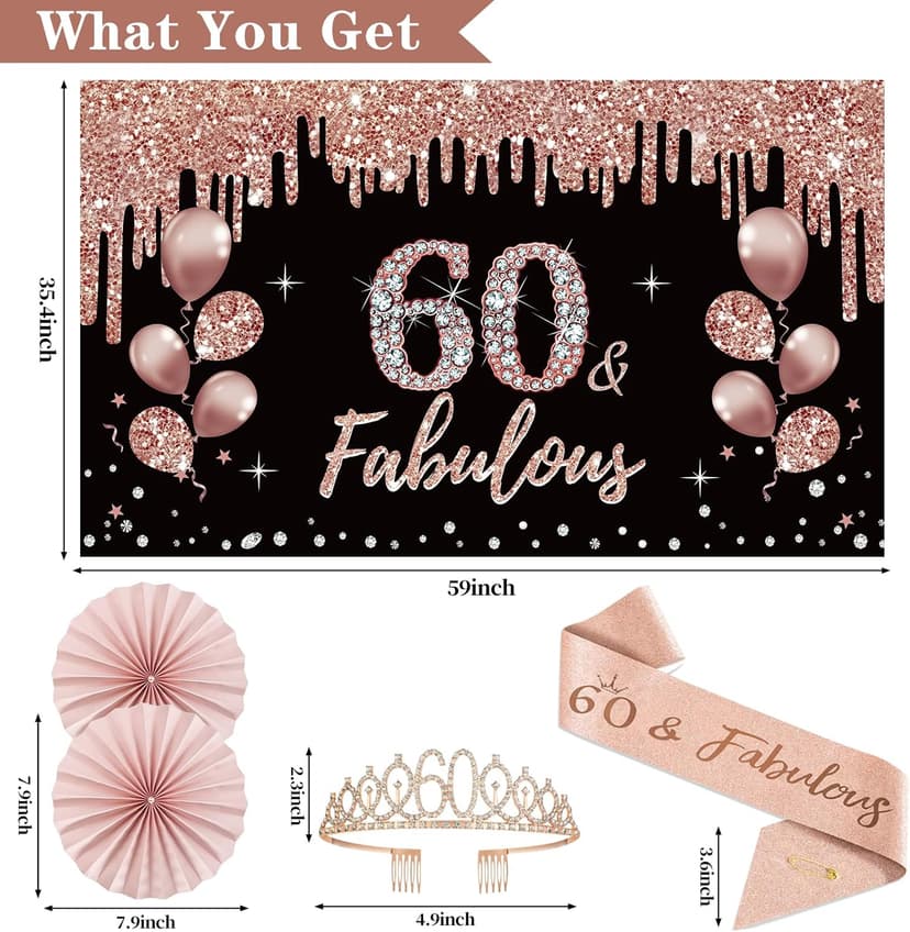 60th Birthday Decorations for Women, 33pcs Black Rose Gold Happy 60th Birthday Banner Crown and Sash Balloons Backdrop Hanging Swirls Paper Fans, 60 Years Old Party Supplies Kit