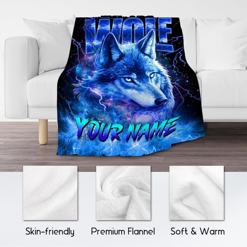Boys Blanket Personalized Wolf Blankets Gifts for Kids, Warm Flannel Custom Throw for Boys (4 Sizes)