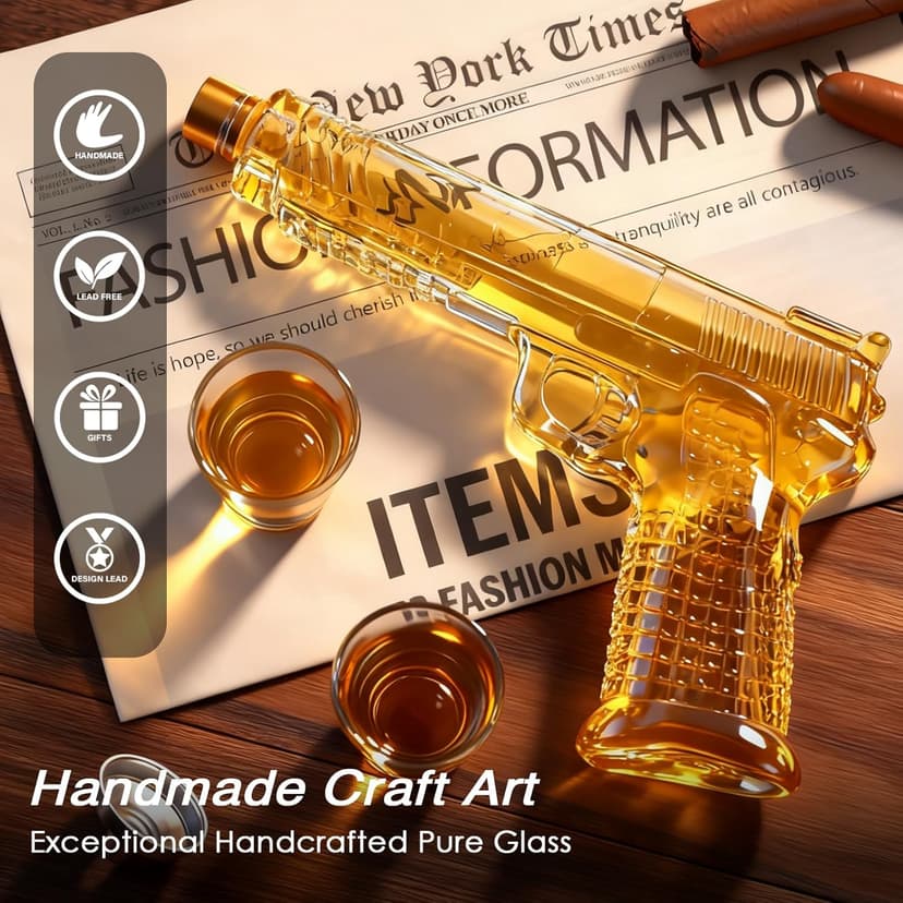 Whiskey Decanter Sets for Men, 10.5oz Handcrafted Gun Decanter Set with Shot Glass, Unique Christmas Gift Idea for Dad, Husband, Boyfriend, Brother, Gun Liquor Dispenser Fun Conversation Starter