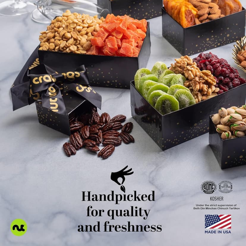 NUT CRAVINGS - Diwali Sweets Hamper Dried Fruit & Mixed Nuts Gift Basket in Black Tower + Ribbon (12 Assortments) Food Arrangement, Healthy Snack Care Package, Food Assortments