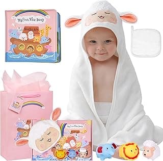 My First Noahs Ark 7 pcs Baptism Gift Set, Dedication, Christening and Baptism Gifts for Girl and Newborn Baby, Includes Washcloth and Hooded Towel,Baby Bath Book, 3 Bath Toys and Gift Bag
