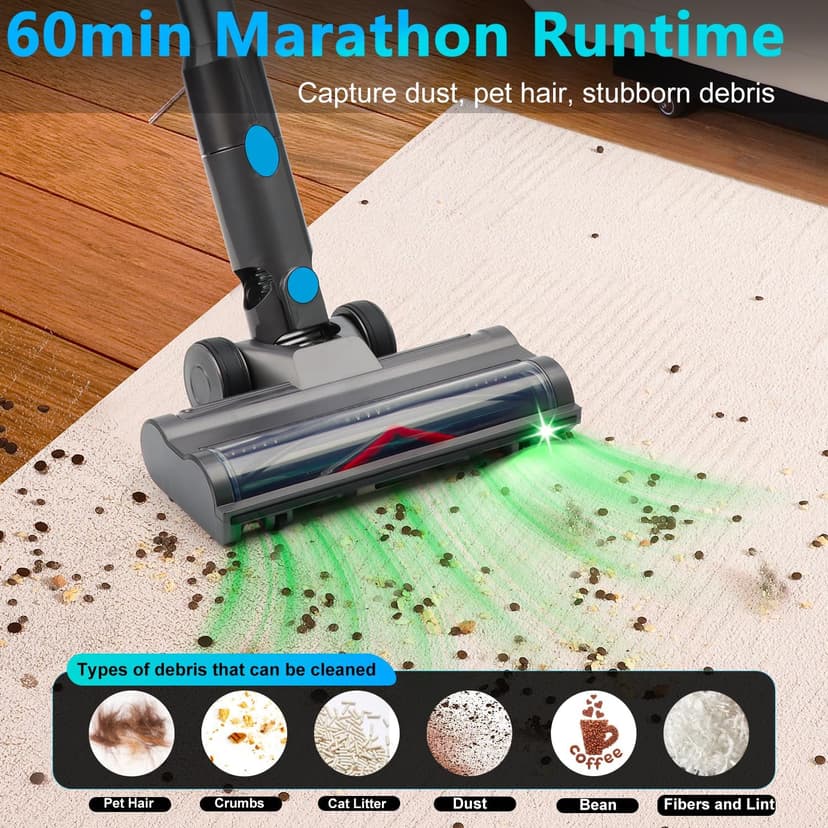 Cordless Vacuum Cleaner, 45kPa 60Min Vacuum Cleaners For Home, Powerful Stick Vacuum Rechargeable With Green Light, Anti tangle Wall Mount, 8 in 1 Lightweight Vacuum For Hardwood Floor Pet Hair Carpet