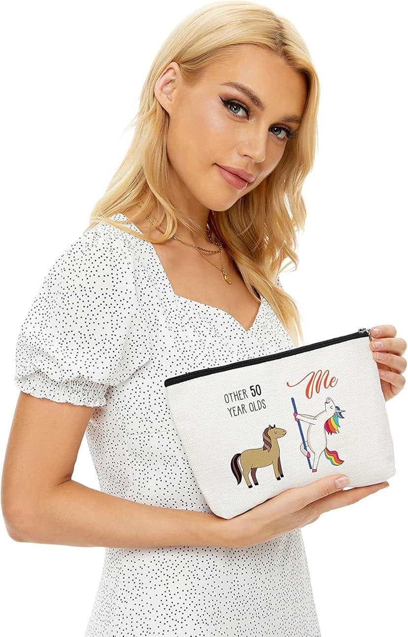 Blue Leaves 50th Birthday Gifts for Women - 1975 Birthday Gifts for Women, 50 Years Old Birthday Gifts Makeup Bag for Mom, Wife, Friend, Sister, Her, Colleague, Coworker(Makeup bag-50th Unicorn)