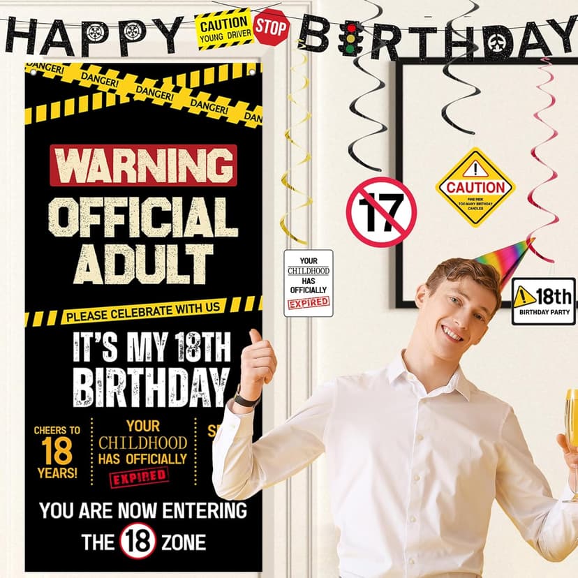 Roetyce 18th Birthday Decorations for Boys Girls, Caution Logos Happy 18th Birthday Banner Backdrop Balloons Hanging Swirls Kit, 18 Years Old Party Yard Door Wall Cover Background