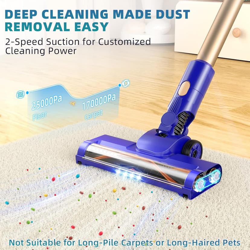 Cordless Vacuum Cleaner, 180° Bendable Wand Stick Vacuum Cleaners with LED Touch Screen, 8-in-1 Lightweight Rechargeable Vacuum with 1.5L Dust Cup for Home Hard Floor Low-Pile Carpet