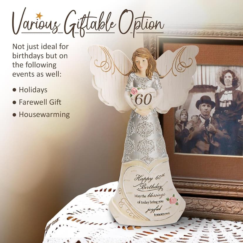 Pavilion Elements Angels Figurine - Guardian Angel Figure Display - Happy 60th Birthday May The Blessings of Today Bring You Joyful Tomorrows Printed Text, Collectibles Angel Figurines, 6"