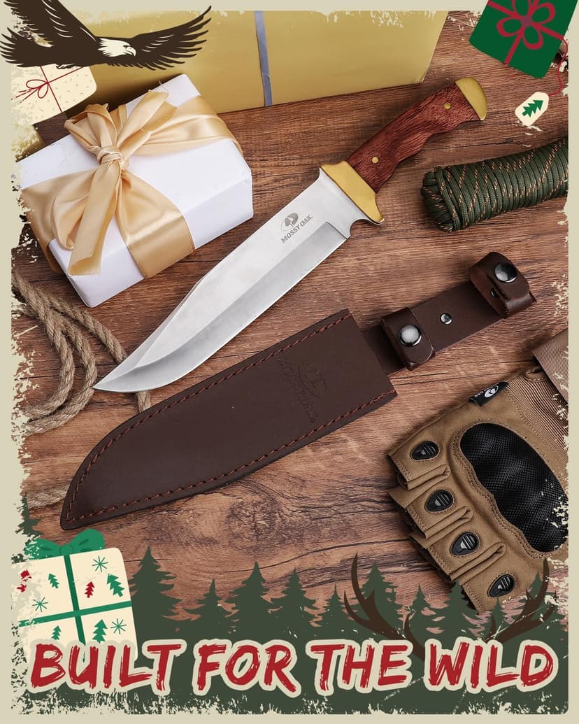 Mossy Oak 14-inch Bowie Knife, Full-tang Fixed Blade, Wood Handle Hunting Knife with Leather Sheath for Camping, Hiking, Survival