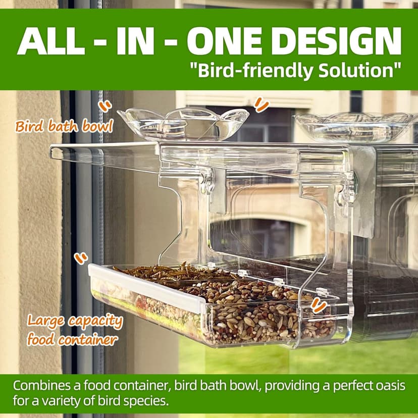 Window Bird Feeder with Non-Marking Self-Adhesive Hooks, Clear and Transparent, Outdoor Wild Bird Watching Gift, Garden Decor (Standard)