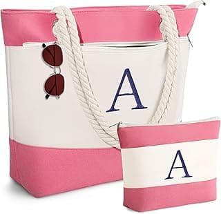 YOOLIFE Beach Bags for Women - Initial Canvas Tote Waterproof Bag with Makeup Bag Gifts for Women Mom Friend Birthday Her
