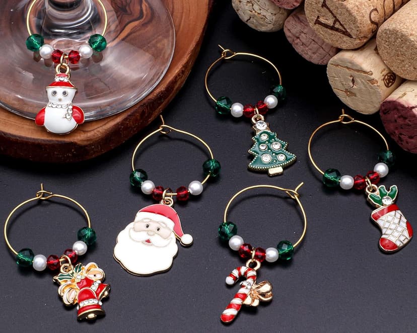 Christmas Wine Glass Charms, Christmas Hostess Gift, Christmas Table Decor, Stockings Stuffer, Set of 6 Gold Enamel Charms, Christmas Tree, Santa Claus, Candy Cane, Snowman