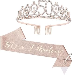CIEHER 50th Birthday Crown + 50 & Fabulous Sash+Pearl Pin Set, Tiara, 50th Gifts, Decorationsfor Women Friends, Happy Party Favor Supplies
