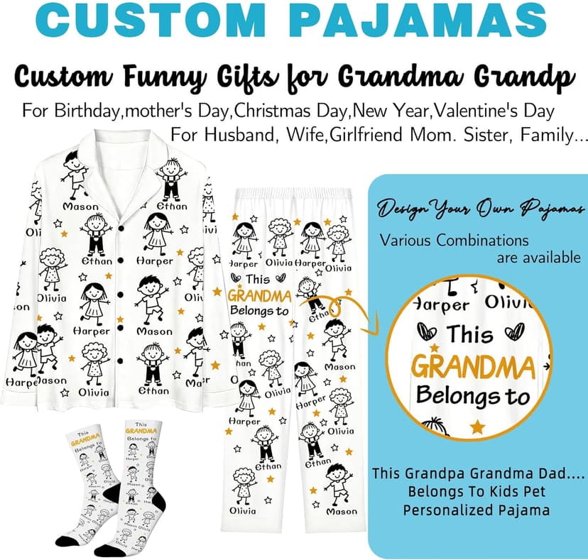 Artsadd Custom Christmas Pajamas for Men Women Personalized Face Pajama Pjs Customized Button Down Pajama Set Gift for Xmas